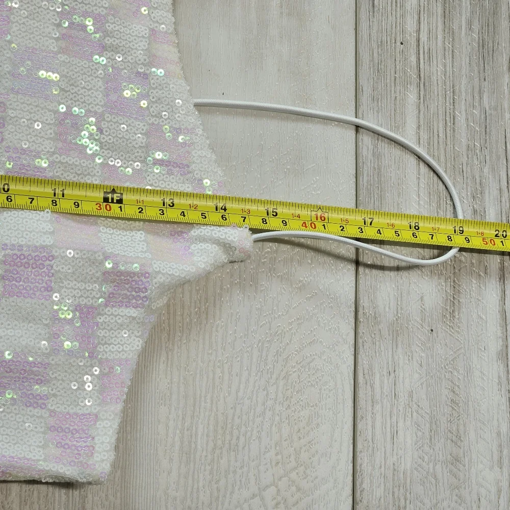 Crop Top Size L Iridescent Lavender Checkered Sequin Spaghetti Strap Mermaid Y2K - Picture 6 of 10